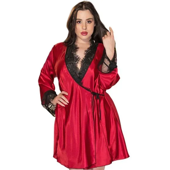 Plus Size Red Robe Mid Length Satin and Eyelash Lace with Long Sleeves 1x 2x